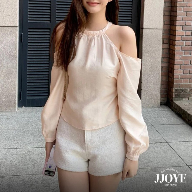 쪼예 청순여리 오프숄더 홀터넥 뒷리본 쉬폰 긴팔 블라우스