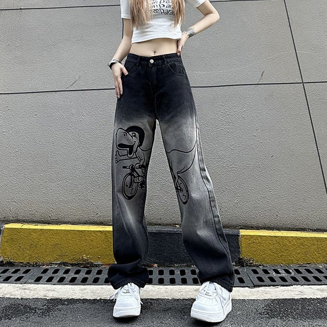 구을바 여성 청바지 빈티지 워싱 와이드핏 데님 흑청바지