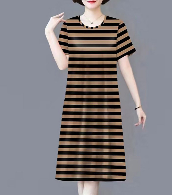 ROYALBELLE 여성 미디 라운드넥 반팔 프린트 엄마옷 원피스 K0012202