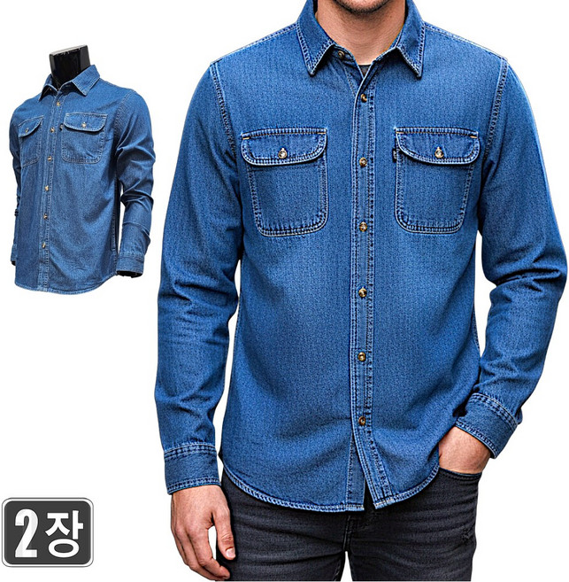 1+1 웨어몬 봄가을 청남방셔츠 데님 포켓 데일리룩 일상복 작업복 WF