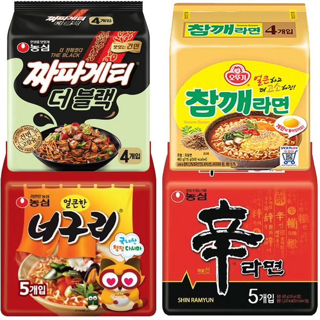 농심 오뚜기라면 봉지라면세트 18P (쨔파게티 더블랙 4P + 참꺠라면 4P + 신라면 5P + 너구리 5p ) 라면스프
