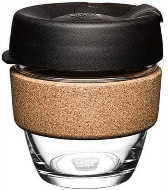 KeepCup 브루 코르크 천연 코르크가 있는 재사용 가능한 유리 텀블러 쇼트 커피 컵 227ml(8온스) - 블랙, 8 Ounces