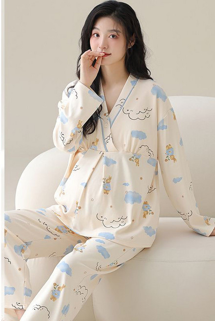 임산부 수유 파자마 세트 캐주얼 사계절 실내복 도톰 잠옷 세트 임부 순면 훔웨어 상하 투피스 ZZL