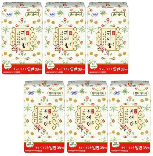 쏘피 바디피트 귀애랑 팬티라이너 일반 38P x 6개, 38개입