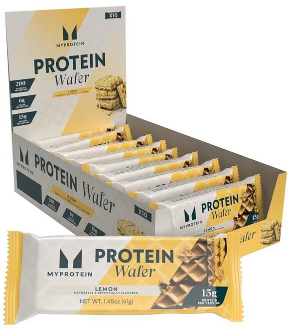 Myprotein 단백질 바 크리스피 웨이퍼 15g 고단백질 간식 레몬 웨이퍼 팩 10개 박스 우유 및 유청 단백질 라이트 & 크런치, 41g