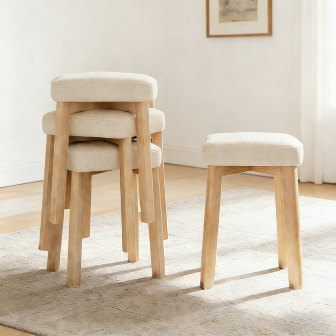쿠리브 내추럴 원목 쿠션 스툴 화장대 식탁 의자 쌓아올림 수납 1/2/4개 세트, 09(패브릭), 1개