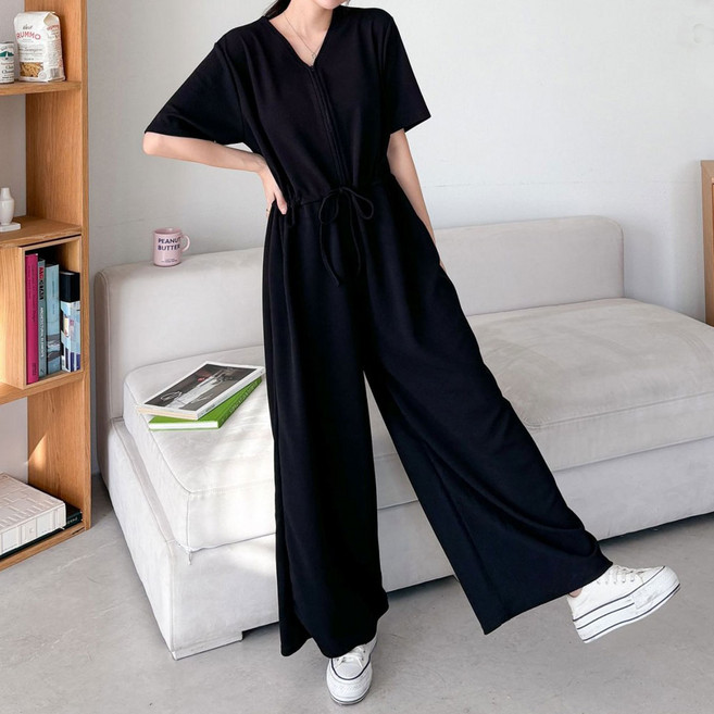 마더라이크 반팔 집업 점프수트 브이넥 와이드핏 멜빵바지 간절기 임산부 팬츠 임부복