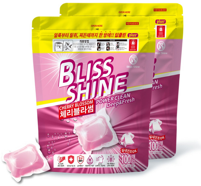 블리스샤인 딥클린 초고농축 올인원 실내건조 캡슐세제 체리블라썸 퍼퓸, 2개, 100개입