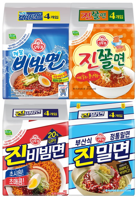 오뚜기 여름라면 4종 세트(진밀면 4입+메밀비빔면 4입+진비빔면 4입+진쫄면 4입), 4팩