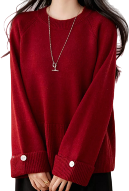 Makone여성 가을 겨울 라운드넥 무지 솔리드 심플 스웨터