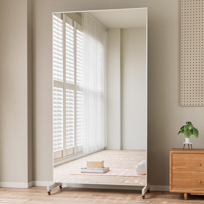 FitCleer 이동식 스탠드 전신거울 대형거울 1000x1800mm 깨지지 않는 무유리 고분자 필름 거울 소프트 미러, 화이트