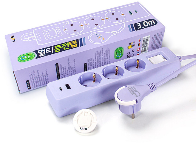 러그박스 3/5구 납작플러그 고속충전 USB C타입 고용량 3680W 멀티탭 1.5M/ 3M, 1개, 3구 퍼플