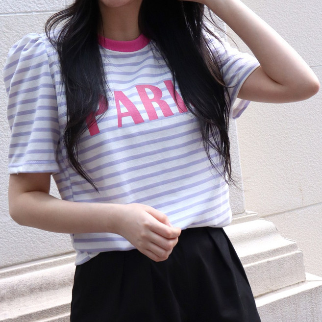 메리앤유 퍼프소매 여름 단가라 라운드넥 레터링 반팔 티셔츠