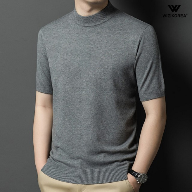 남성 모크넥 반팔 니트 울 반목 티셔츠 여름 하프넥 반폴라 슬림 댄디룩 WI017N