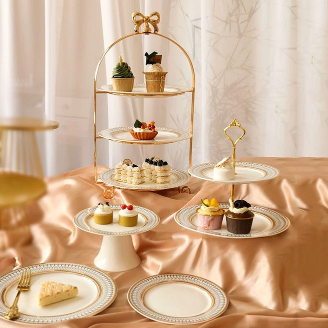 호텔식 애프터눈티 3단 호텔 대형 침대 접시 손님용, I. 황금 나비 3단 랙 포함, I. 황금 나비 3단 랙 포함