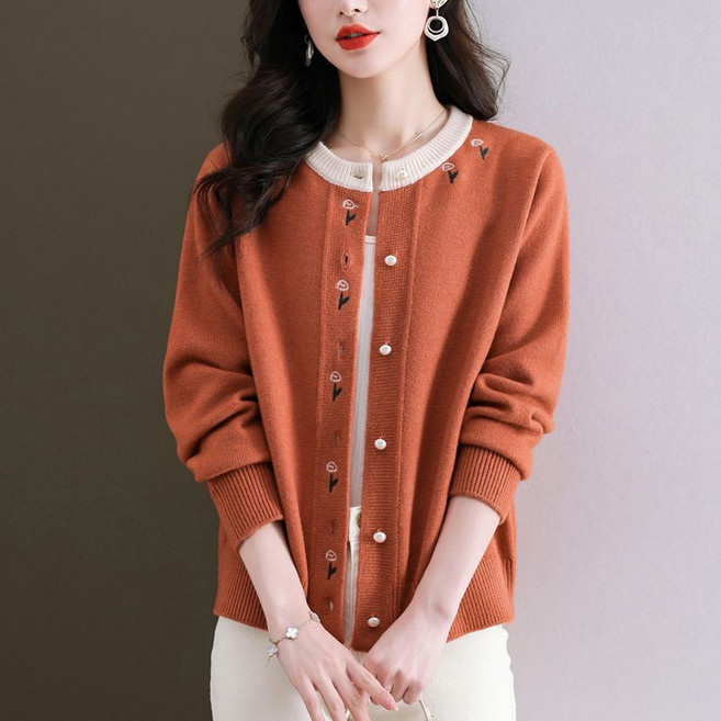 메인워크 중년여성 빅사이즈 라운드넥 니트 가디건 긴팔 가을 겨울 엄마옷 스웨터 간절기 스판 심플 루즈핏 니트 아우터 상의