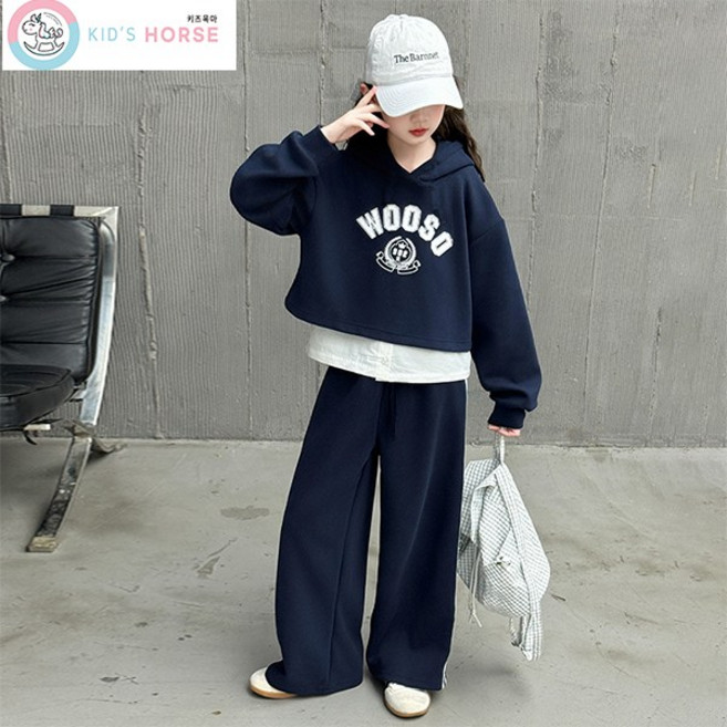 키즈목마 여아용 캐주얼 후드 트레이닝 상하복 초등여아 주니어 후드티 상의 와이드 팬츠 세트 715