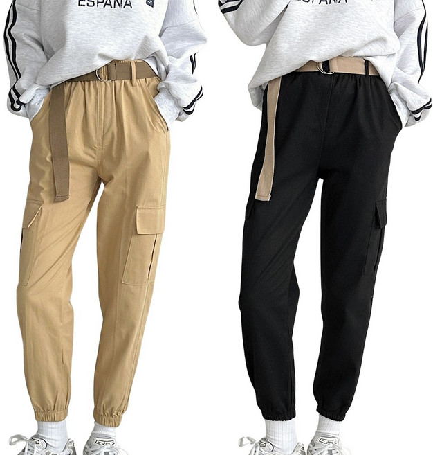 로로스키니 여성 바지 여자 카고 조거 팬츠 편안한 밴딩 허리띠 포함