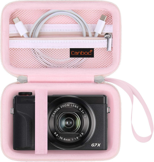 캐논 파워샷 G7 X Mark III G7X II 디지털 4K 브이로그 카메라용 캔복 카메라 케이스 포인트 앤 샷 비디오 가방 지퍼 메시 포켓 USB 케이블 배터리 블랙, Jelly Pink