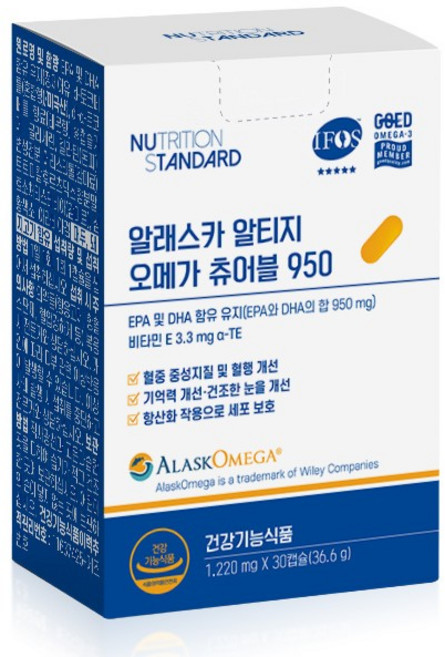 뉴트리션 스탠다드 알래스카 알티지 오메가3 츄어블 950 1개월 30캡슐 비타민E, 1박스, 30정