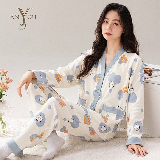 ANYOU 여성 긴팔 순면 홈웨어 파자마세트 상하의 세트 데일리 빅사이즈 홈웨어 세트