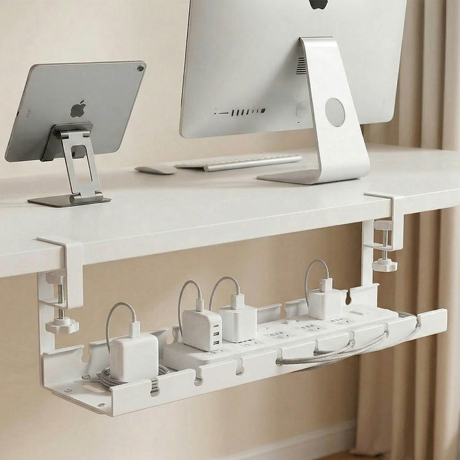 책상 전선 정리 거치대 케이블 트레이 길이조절 무타공, 흰색, 1개