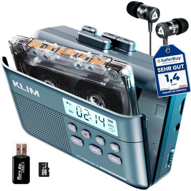 클림 K7 카세트 테이프 플레이어 카세트에서 MP3로 변환기 휴대용 내장 마이크 및 스피커 충전식 배터리 이어폰 16GB SD 카드 파랑