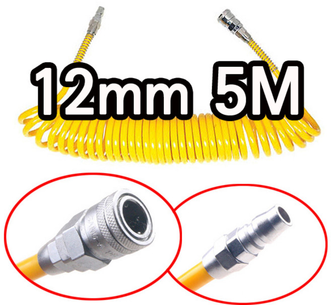 우레탄 코일호스 카플러 닛플 8 10 12파이 5M 7.5M 10M 일체형 에어호스 파워호스 카플링 장착 에어타카 에어건 에어 연결 호스 튜브 돼지꼬리 콤프레샤 콤프레셔 에어공구, 코일호스 12mmx5M