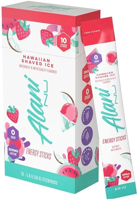 알라니 누 체리 슬러시 에너지 스틱 음료 파우더 카페인 200mg 제를 사용한 운동 전 성능 이동 중 믹스 비오틴 비타민 B 제로 설탕 5칼로리 10팩, Hawaiian Shaved Ice - 쿠팡