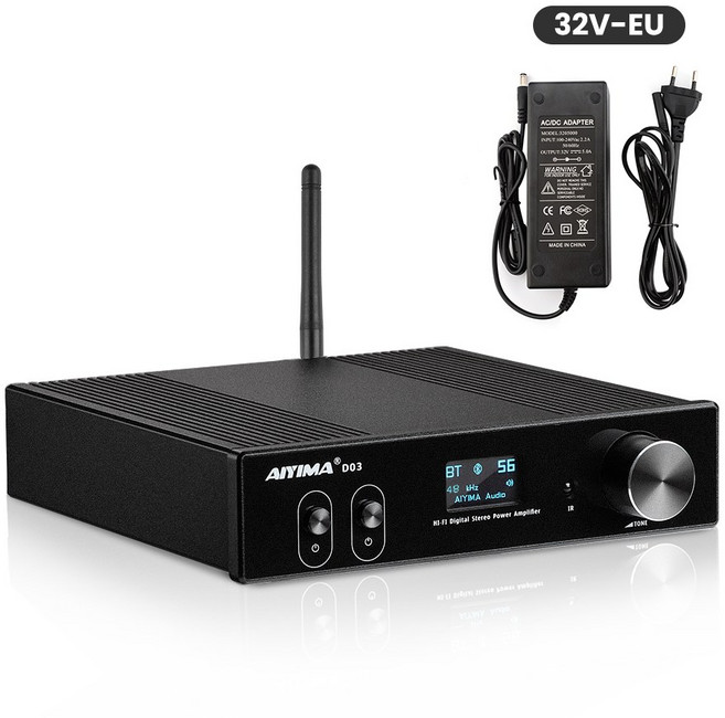 AIYIMA 오디오 D03 하이파이 블루투스 5.0 앰프 2.1 무선 디지털 사운드 파워 서브우퍼 앰프 150Wx2 USB DAC 스테레오, With EU Plug