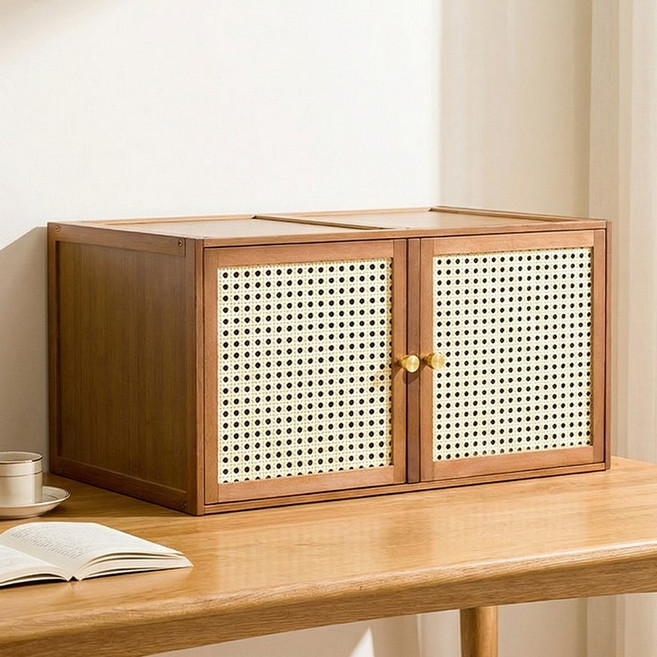 방일 라탄 목재 수납장 자유조립 다기능 선반 먼지차단 격자문 캐비닛 TV스탠드 침대옆탁, 차색