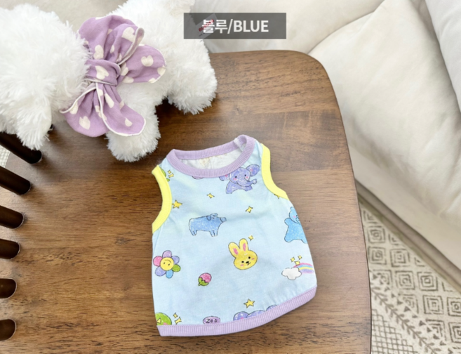[푸들나무] 파스텔 주주 강아지 민소매 티셔츠, 1개, 블루