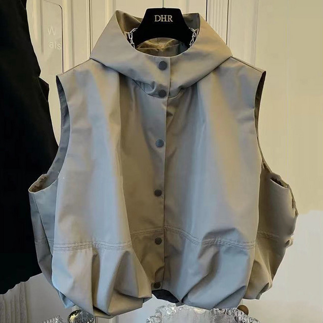 ROYALBELLE 여성 단색 캐주얼 버튼 후드 베스트 오버핏 쇼트핏 트레이닝 민소매 조끼 V040504