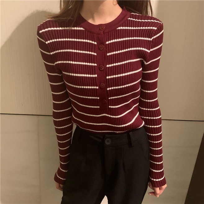 MICAILIN 條紋針織打底衫 女秋冬百搭修身顯瘦毛衣內搭