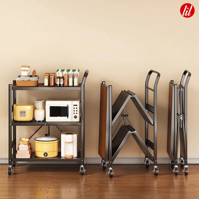 LIL 3단 접이식 스탠 서빙 카트 업소용 가정용 수납, 1개, 블랙80