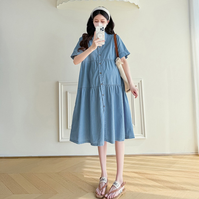 DFMEI 孕婦夏裝新氣質減齡感寬鬆顯瘦短袖翻領牛仔連衣裙