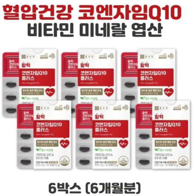 혈행 활력 코엔자임Q10 플러스 6박스 유비퀴논 피쉬콜라겐 카라기난히알루론산 비타민B E 판토텐산 엽산, 30정