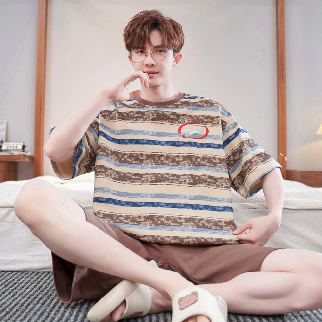 DFMEI 睡衣男夏季新款短袖青少年空調服大碼男士純棉家居服薄款套裝