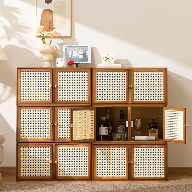 GOOD LIVE 원목 라탄 수납장 다용도 선반 거실 자취방 인테리어 수납, 브라운