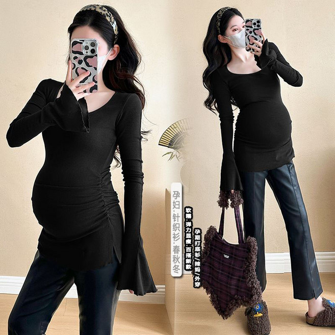 봄 임산부 외출복 프렌치 나팔 소매 슬림핏 임부 니트 이너티셔츠 캐주얼 임부복 긴소매 상의 YSQ