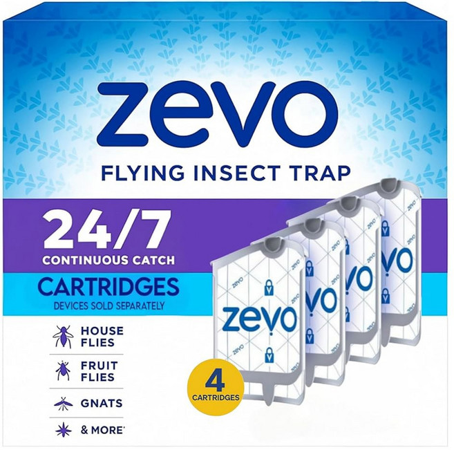 Zevo 플라잉 곤충 트랩 2개와 리필 카트리지 2개 블루 파리 UV 및 실내 집파리 기술 벌레 및 - 대안 잡동사니 과일파리 벌레잡이 라이트 및 트랩 없는 플러그인 날벌레, 4 Cartridges