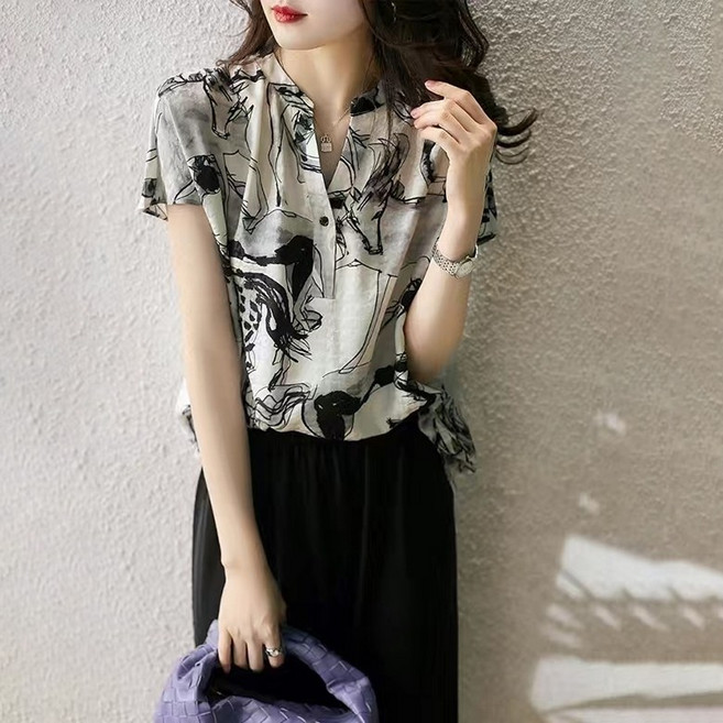 swygsqql 여성 브이넥 쉬폰 블라우스 여름 꽃무늬 반팔 티셔츠 상의