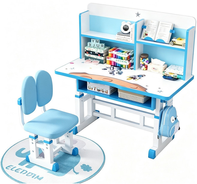 兒童學習桌寫字桌書桌書架組合一體桌家用可升降小學生課桌椅套裝, 藍色-宇航員書桌+科學護脊座椅:70cm-80cm簡易學習椅