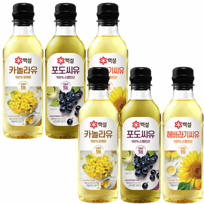 제일제당 백설 조리유 500ml 3종 세트(카놀라유x2+포도씨유x2+해바라기씨유x2), 1세트