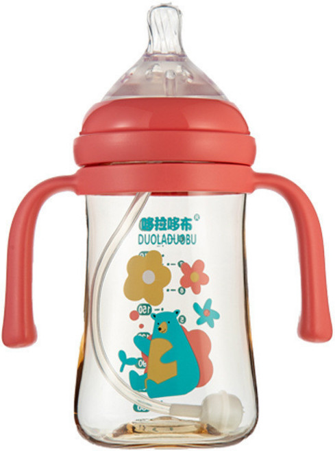 哆拉哆布 嬰兒奶瓶 帶重力球吸管 寬口徑 300ml 卡通奶瓶, 1個, 6476可愛橙240ml