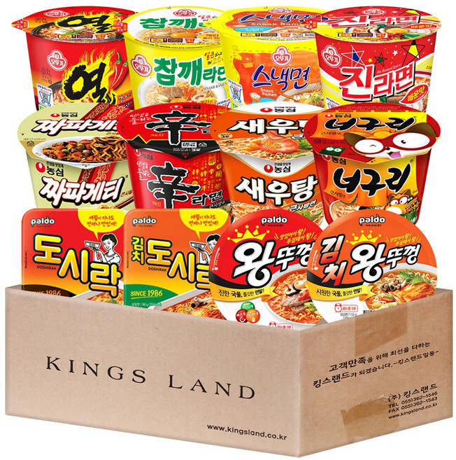 용기컵라면 농심(신라면+너구리+새우탕+짜파게티)+오뚜기(진라면매운+스낵면+열라면+참깨)+팔도(왕뚜껑+김치왕뚜껑+팔도도시락+김치도시락), 1박스