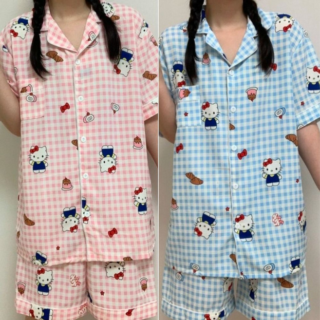 블핑 커플 잠옷 여성 남성 고양이 반팔 블루 핑크 체크 청소년 공용 파자마 빅사이즈 홈웨어 잠옷 세트