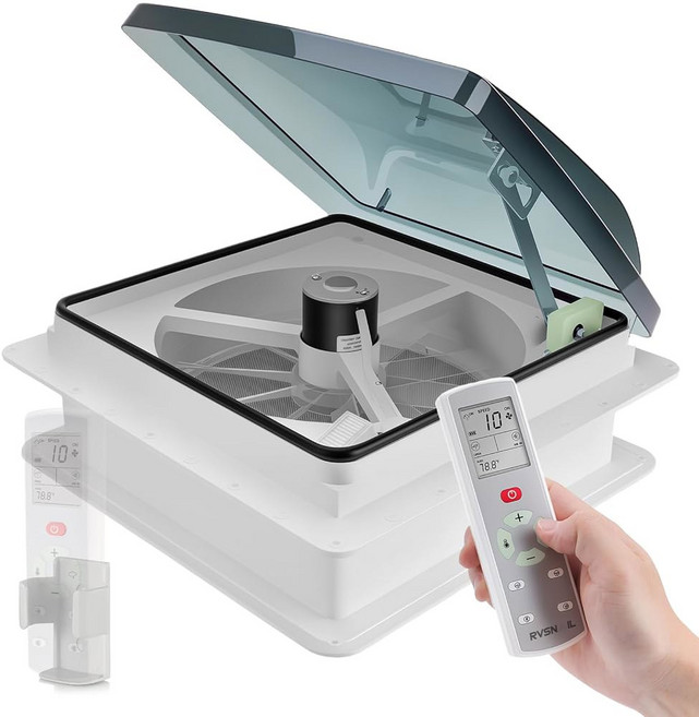 10단 리버서블 컨트롤이 가능한 RVSNAIL 14인치 RV 루프 통풍구 캠핑카 트레일러 욕실용 12V 슈퍼 콰이어트 팬 리모컨 온도 및 레인 센서 탈착식 화면