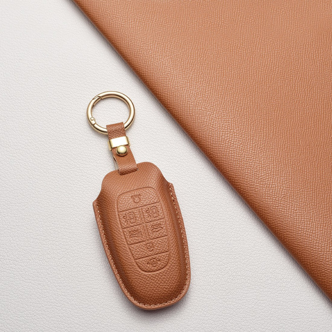 현대 천연 소가죽 스마트 키케이스 호환 (그랜저/싼타페/쏘나타/펠리세이드/넥쏘/투싼) 차량용품 + 선물포장, 현대 J7 타입(7버튼), 샌드 브라운