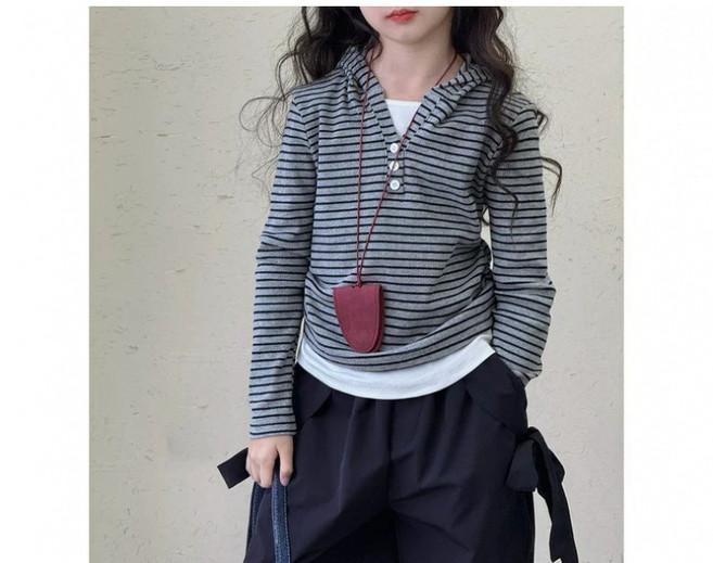 해피유통 여아 스트라이프 캐주얼 긴팔 티셔츠 V넥 버튼 디자인디자인14세 이상